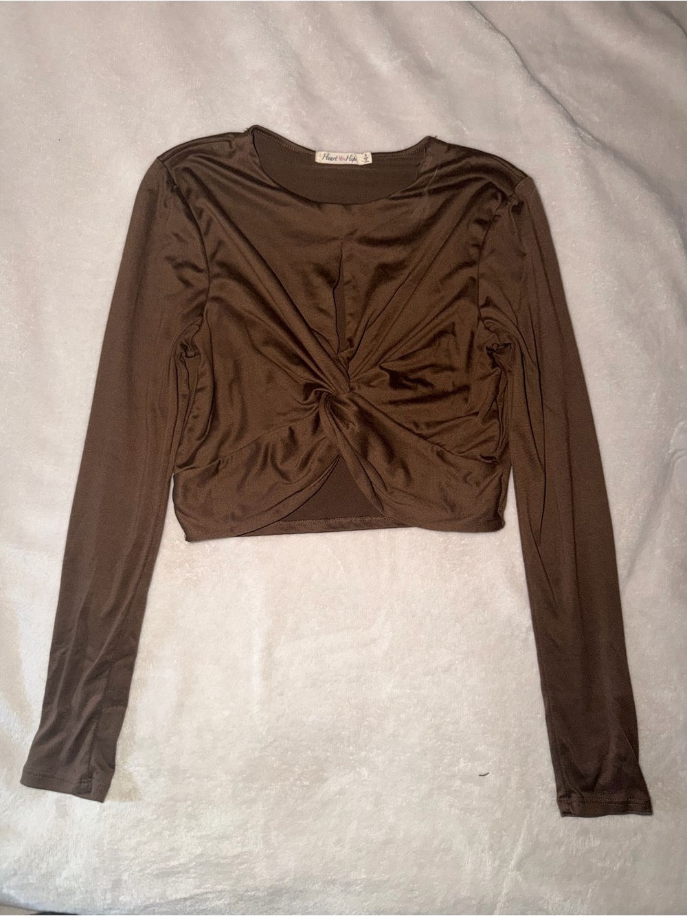 Brown Twist-Front Long Sleeve Crop Top - Unknown Brand